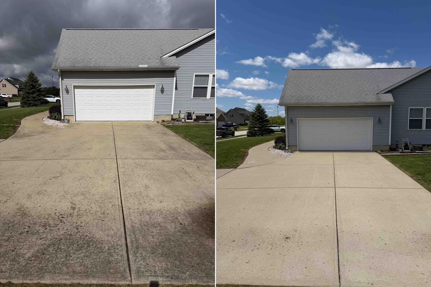 Before and after of a stained home driveway restored to clean concrete