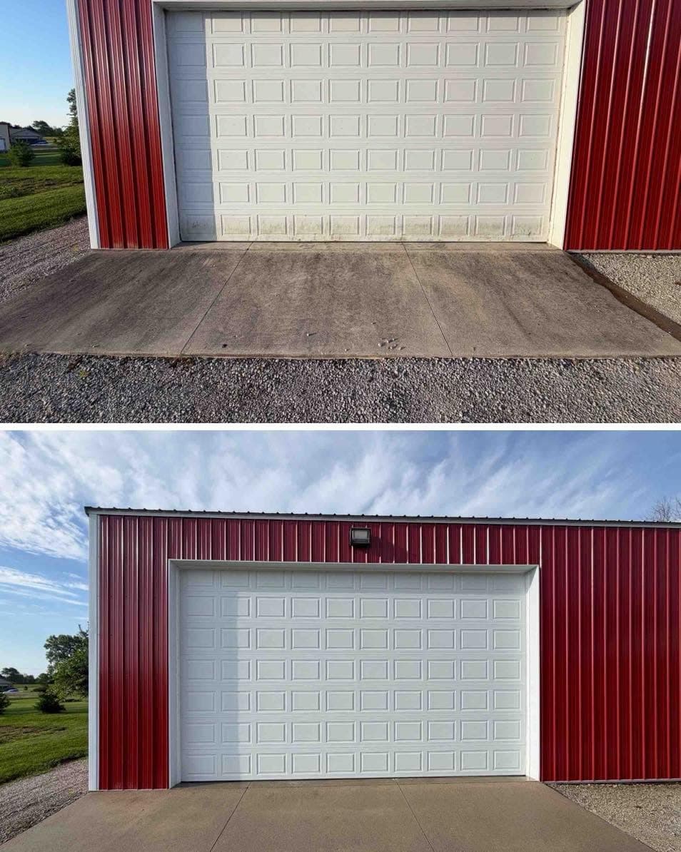 Before and after of a garage door and concrete apron on a metal building