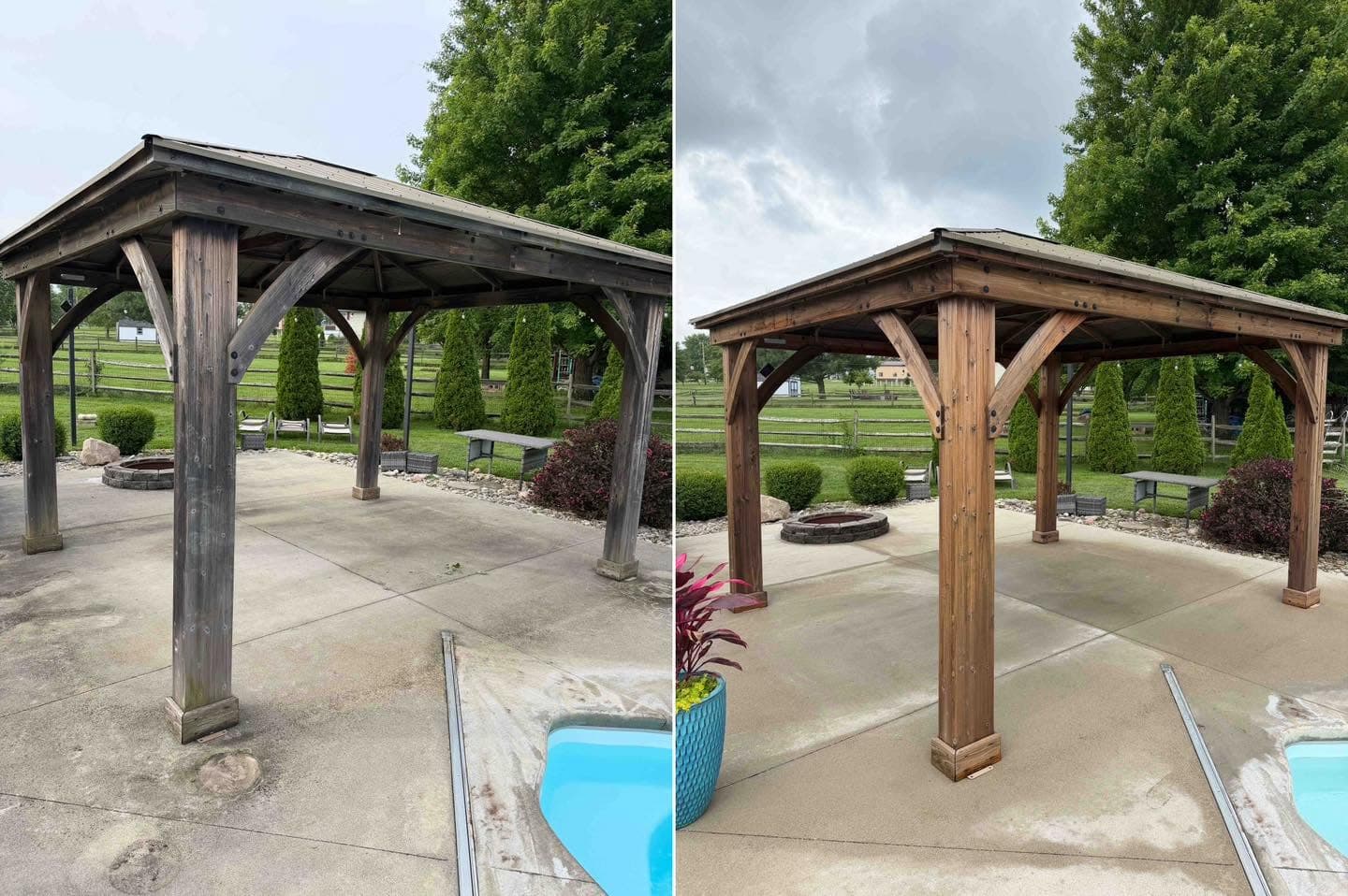 Before and after of a poolside wooden gazebo restored from gray to warm brown