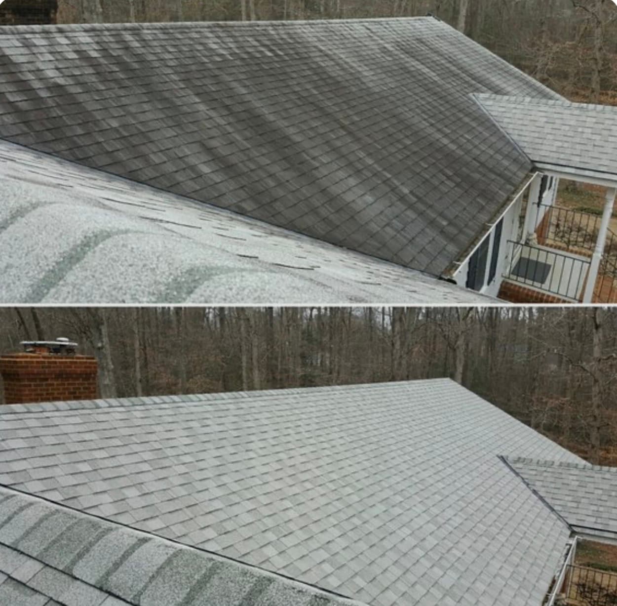 Before and after of dark roof shingles restored with a professional roof wash