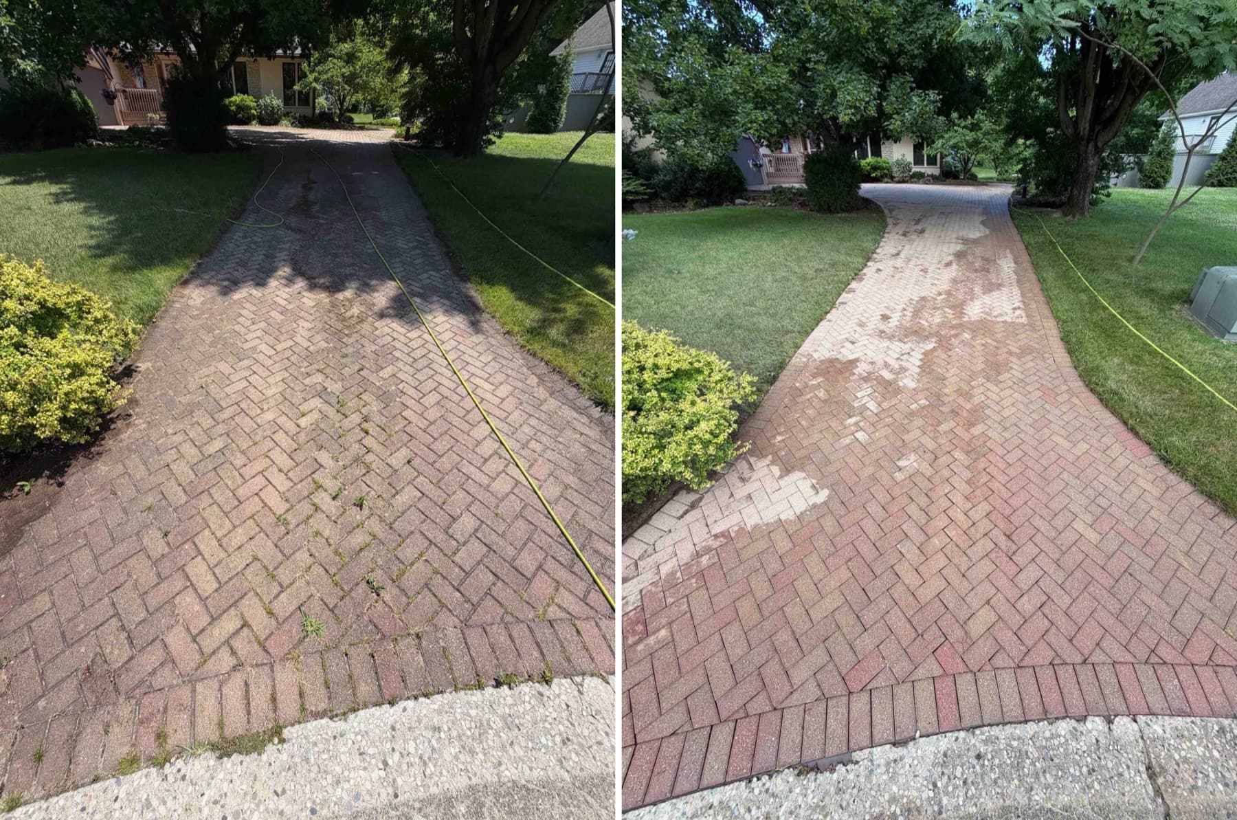 Before and after of a brick paver driveway cleaned of weeds and grime
