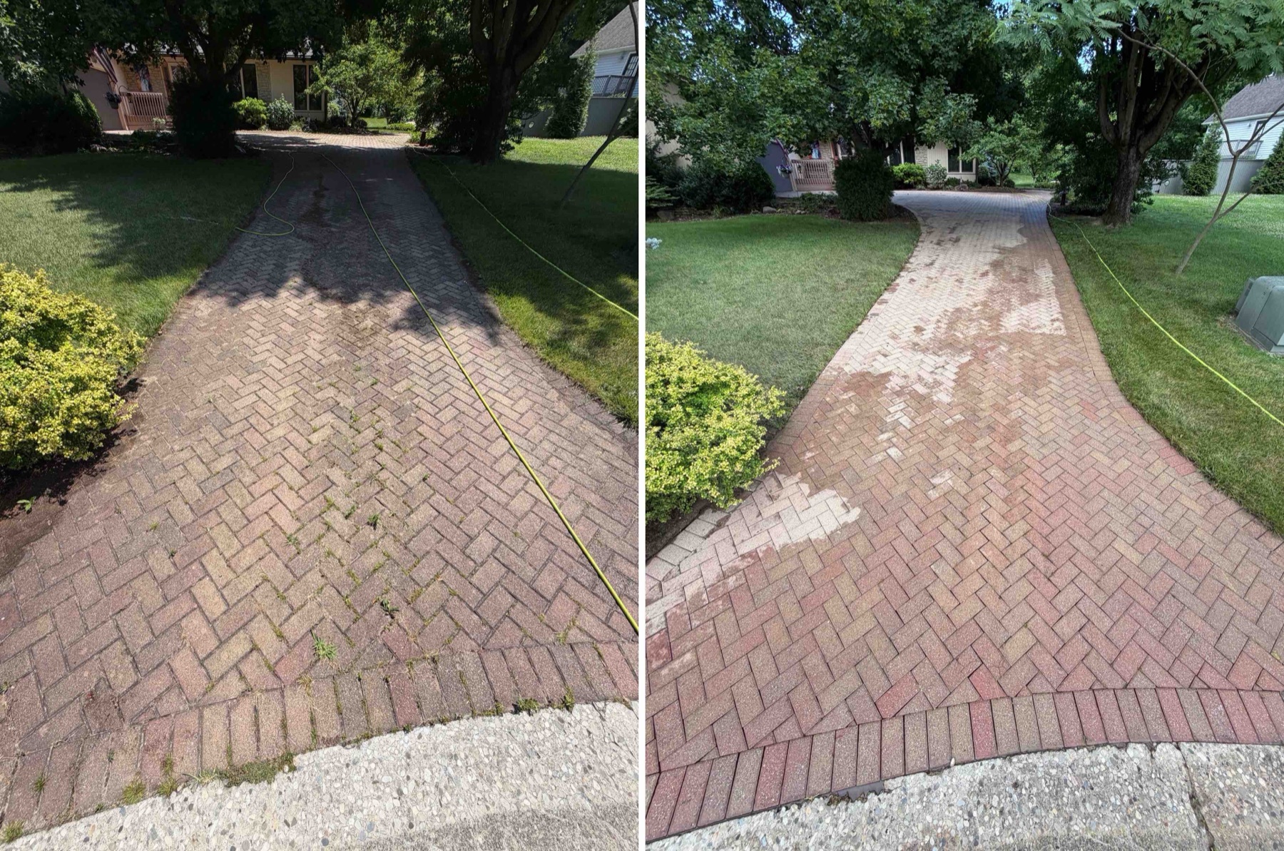 Before and after of a brick paver driveway cleaned of weeds and grime